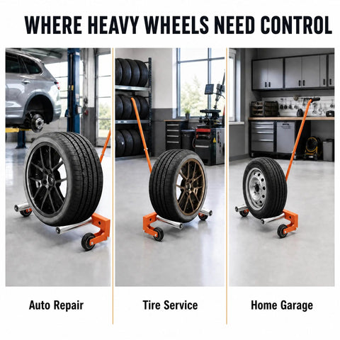 Heavy Duty Tire Dolly Cart With Comfy Handle To Haul Hella Heavy Rims Up To 350 Pounds Across Busy Garages Without Leaving Your Back Feeling Shot Tomorrow in auto repair and tire service settings.
