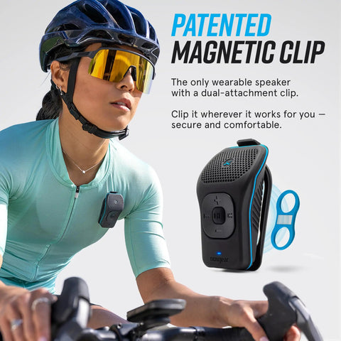 Cyclist wearing 39G Wearable Bluetooth Speaker With Magnetic Clip On Waterproof For All Weather Up To 15 Hours Of Playtime Clip On Microphone Speaker