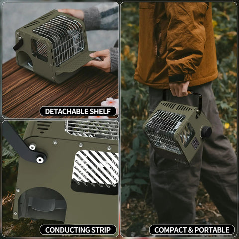 Camp Ready Butane Portable Space Heater With Warming Shelf For Indoor And Outdoor Use, 3750 BTU Gas Powered Heater shown in use