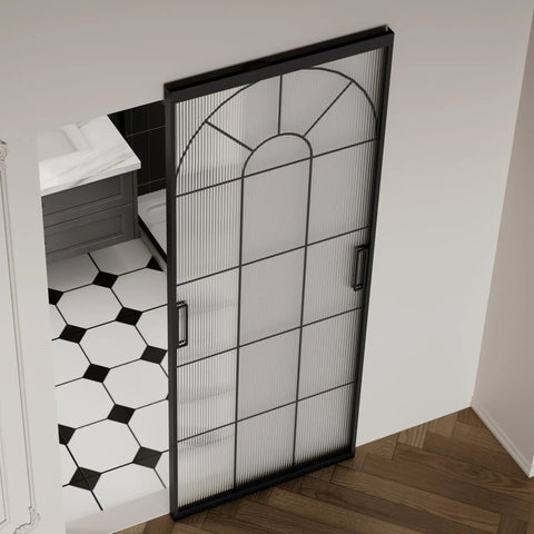 Hardcore Interior Sliding Barn Door Featuring Textured Reeded Glass Panels And Matte Black Frame Hidden Wall Track Kit Saves Wall Space And Moves Like Butter In Any Room Setup.