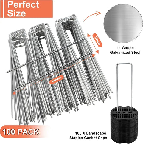 Six Inch Galvanized Landscape Staples With Gasket Caps 100 Pack U Shaped Pins For Irrigation Tubing Lawn Fabric Landscape Fence Weed Barrier Garden Stakes