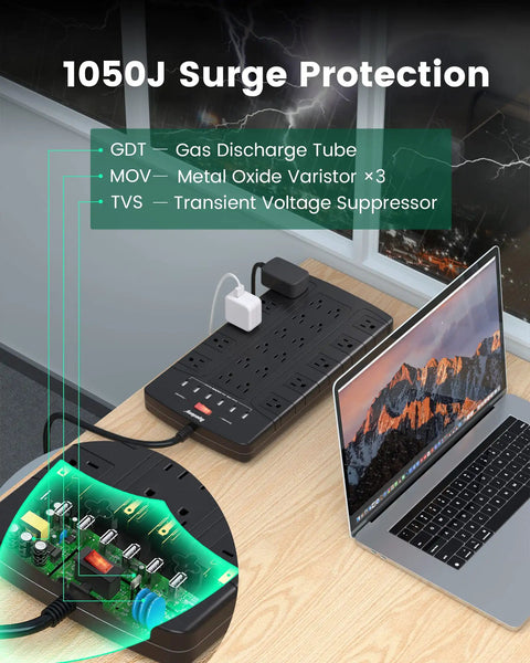 22 Outlet Power Strip Surge Protector with Six Point Five Foot Flat Plug Extension Cord next to laptop