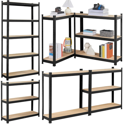 Rock Solid Heavy Duty Steel Storage Rack Two Pack Adjustable Five Tier Shelving featured in black frame with wood shelves.