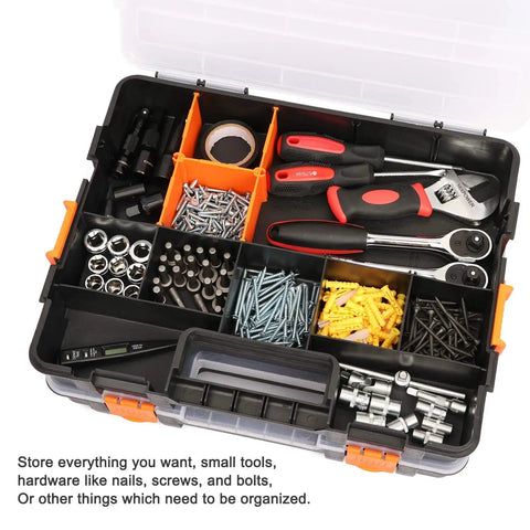 Interlocking Black Tool Box Organizer With Removable Dividers Beefy Durable Plastic Small Parts Box For Fasteners And Crafts 2 Pack 20 Removable Dividers 14 Fixed Sections Heavy Duty Construction open with tools and fasteners