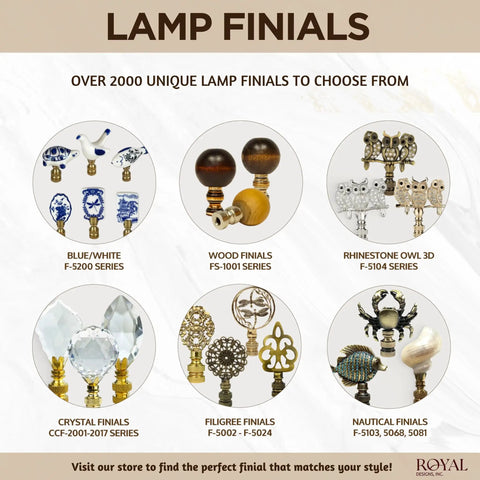 Assorted lamp finials display including blue/white, wood, rhinestone, crystal, filigree, and nautical designs on beige background.