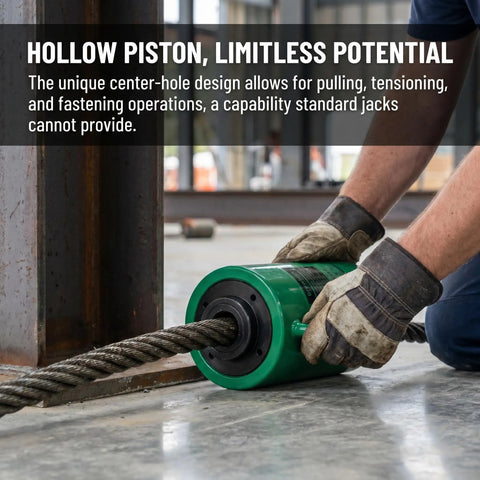 Hollow hydraulic cylinder jack in use for pulling operations, showcasing the design for Heavy Duty 30 Ton Hollow Hydraulic Cylinder Jack With 2 Inch Stroke Hydraulic Ram Heavy Hitter Designed For No Sweat Industrial Lifting And Pulling Operations Using Quick Connect Couplers.