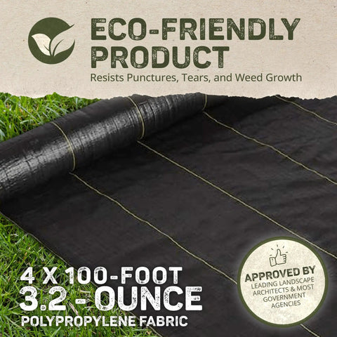 Heavy-Duty Weed Barrier Fabric 4 By 100 Feet Breathable Woven Polypropylene Ground Cover Unrolled on Grass