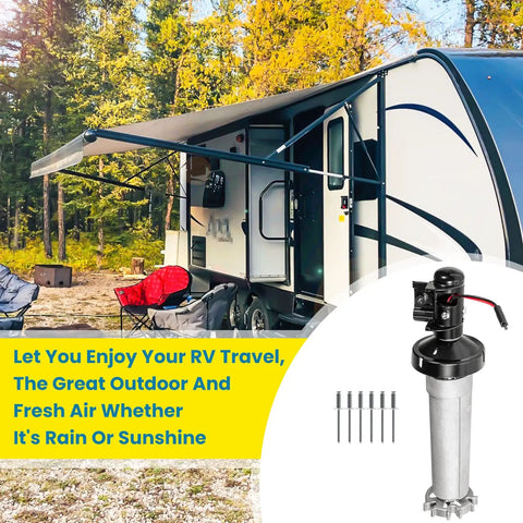 Rock Solid Right Hand Torsion Assembly For Power Patio RV Awning Motor 12V DC Extension Drive Black shown on RV awning.