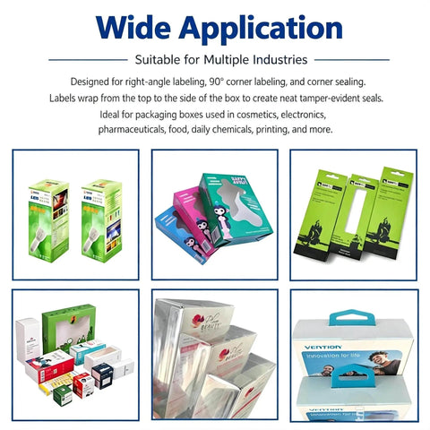 Gshshou 90 Degree Corner Label Applicator Machine For Cosmetic And Electronics Packaging displaying various packaging boxes.