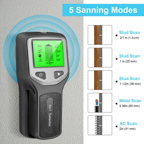 TusaMer Stud Finder Wall Scanner with LCD display showing 5 scanning modes for wood, metal, and AC wire detection.