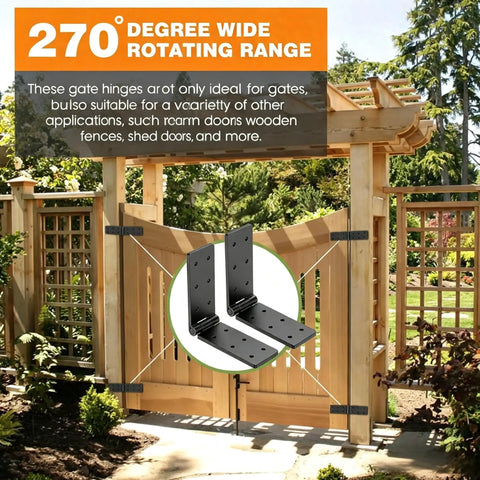 Rugged Heavy Duty Gate Hinges Delivering A Rock Solid 270 Degree Full Pivot Swing For Wood Fence And Barn Doors in a garden setting.