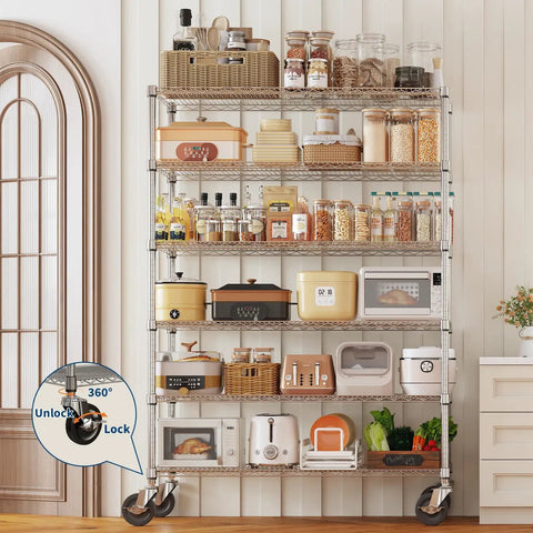 Heavy Duty Chrome Wire Shelving Rack With Locking Swivel Casters Commercial Grade storing kitchen containers and appliances.