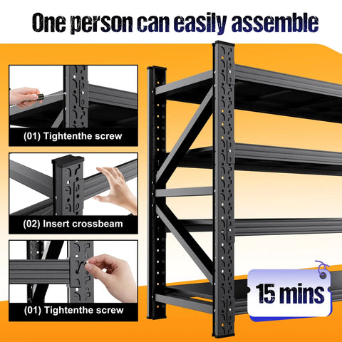 Tough As Nails Heavy Duty Metal Garage Shelving Unit With Adjustable Tiers being assembled in 15 minutes with hands and screws.