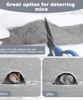 Steel Wool Mice Blocker Kit With 20 Ft Stainless Steel Wool Fill Roll for Gap Sealing shown with cutting scissors and hole patch results