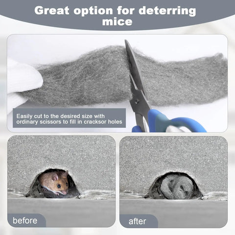 Steel Wool Mice Blocker Kit With 20 Ft Stainless Steel Wool Fill Roll for Gap Sealing shown with cutting scissors and hole patch results