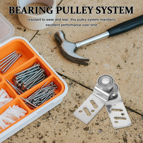 Heavy Duty Stainless Steel Sliding Door Pulleys 4 Pack With Slick Bearing Wheels For Seamless Closet Swings and Barn Door Tracks Featuring 23 Millimeter Axles and Built Tough Performance with screws and hammer