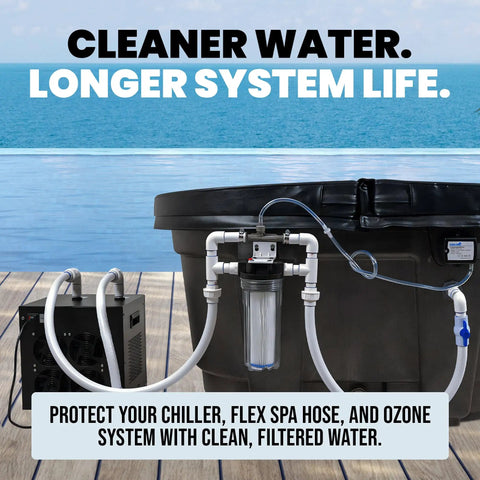 Grab This Cold Plunge Water Filter System With A Rugged Ten Inch Housing And Dual Fifty Micron Sediment Scaler For Crisp Ice Baths And Rust Free Whole Home Hydration Vibes, installed by a cold plunge setup.