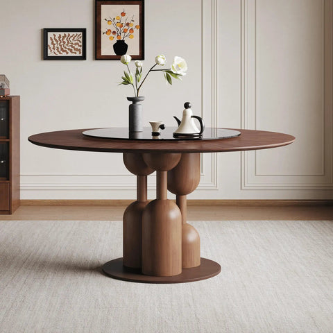 High Grade Oak Wabi Sabi Round Dining Table With 35 Inch Tempered Glass Lazy Susan And Walnut Detail in a stylish home setting.