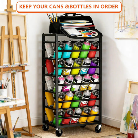 Heavy Duty Rolling Cart Holds A Solid Fifty Spray Paint Cans Built Tough For Double Sided Storage Plus Top Tool Tray Wheeled Garage Rack Rolls Smooth And Keeps Your Shop Legit with colorful spray paint cans.