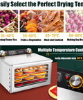 No Sweat 18 Tray Food Dehydrator Machine With Slick Adjustable Temp Timer For Making Beef Jerky Fruit Leather Fresh Herbs And Dog Treats In Your Home Kitchen showing multiple temperature controls and drying trays.