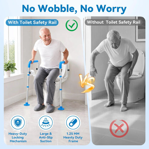 Dead Nuts Solid Heavy Duty Aluminum Toilet Safety Rails With No Shift Grip Pads And Beefy Handle Bars Made Super Tough aiding senior mobility.