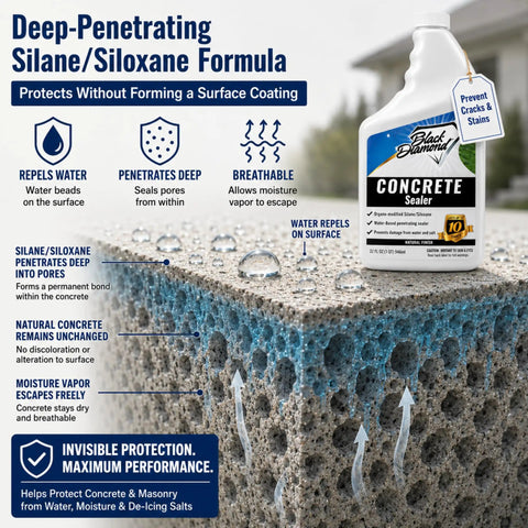 Penetrating Concrete Sealer for driveways and masonry protects indoor and outdoor surfaces from water and weather damage.