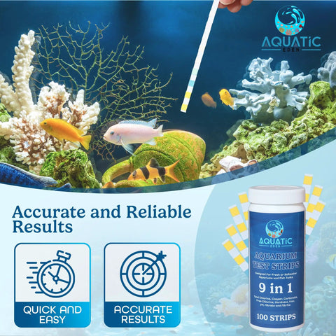 Nine In One Aquarium Water Test Kit With 100 Freshwater And Saltwater Test Strips measuring water conditions in a vibrant fish tank.