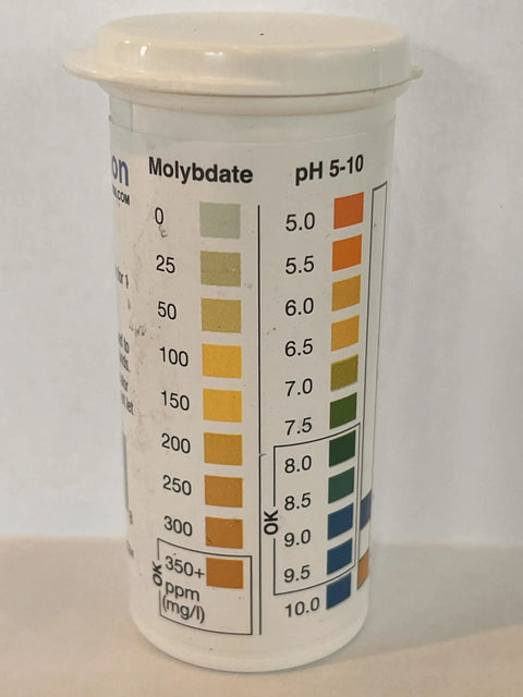 No Fuss Hydronic Boiler Moly Armor And Ph Maintenance Test Strip Kit For Water Jacket Corrosion Control Quick Dip Reading With Color Guide pro grade color chart on test strip container.