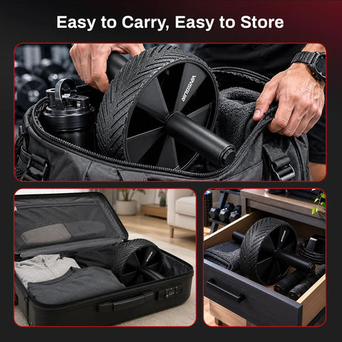 Ab Roller Wheel For Core Strengthening And Six Pack Training Built Different Home Gym Essential shown in a gym bag for easy storage.