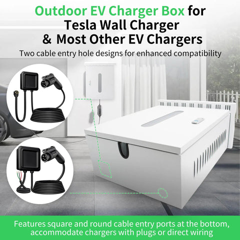 Keep Your Ride Secure With This Heavy Duty Outdoor EV Charger Lock Box Featuring Bright Viewable Window Compatible With Tesla Wall Mount And Universal Cables Smooth Garage Setup. White box with cable entry ports for EV chargers.