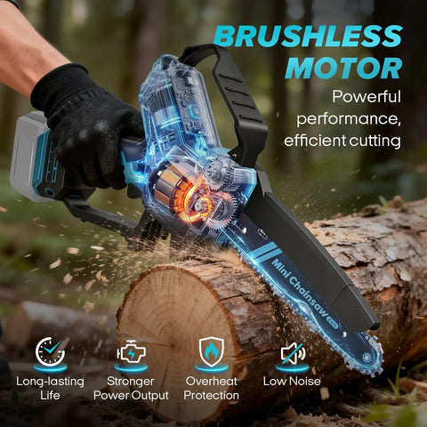 Cordless Mini Chainsaw 8 Inch And 10 Inch For Makita 18V Battery Compatible cutting a log, highlighting its brushless motor.