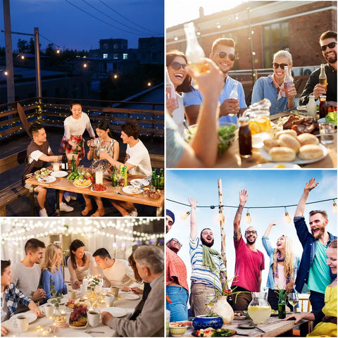 Groups enjoying Solar String Lights Outdoor 100ft With Remote Control Dimmable Patio Lights 32 Shatterproof Bulbs at night events.