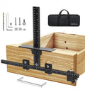 Cabinet Hardware Jig For Precise Drill Alignment And Install Guide with tools, adjustable template on wooden drawer, black case