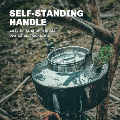 One Liter Lightweight Stainless Steel Camping Kettle Built Tough For Bushcraft And Outdoor Campfire Use hanging on a branch