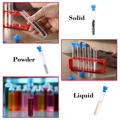 Two Pack Plastic Test Tube Rack With Caps Includes Twelve Clear Tubes And Two Red Holder Racks With Six Holes Each For Nurse Party Decor And Science Experiments Classroom Displays DIY Projects Ready To Roll showing test tubes with solid, powder, and liquid.