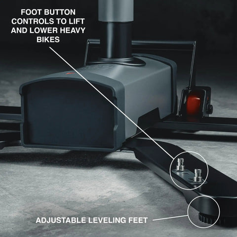 Electric Height Adjustable Bike Repair Stand With 100 Lb Capacity Hands Free Foot Lift Fast Ratchet Clamp for EBikes base details
