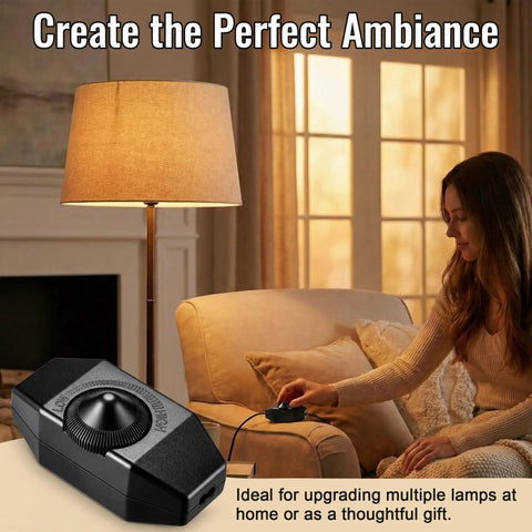 Two Pack Upgraded Inline Dimmer Switch For Lamp Cord Black Super Simple Hookup And Total Vibe Power Control Plus No Fuss Wiring For Modern Indoor Table Lamp Fixtures shown with a woman adjusting the light.