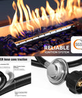 Close-up of flame and stainless steel burner from 54 Inch Propane Fire Pit Table With Rain Cover For Outdoor Patio Backyard Or Deck 50 000 BTU Gas Heater Rectangular Modern Wood Look Fire Pit Durable Stainless Steel Burner Bowl Effortless Setup And Use showcasing ignition system and hose construction.