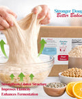 Hands stretching dough in bowl, dough conditioner for bread baking 25 lb pack in background, enhances rise and texture.