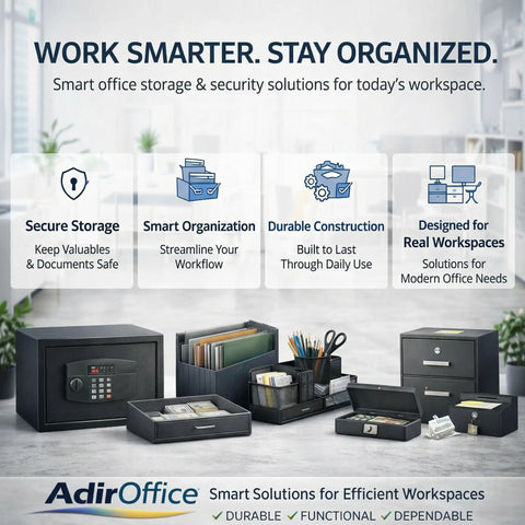 Variety of AdirOffice secure storage solutions for efficient office organization, emphasizing durability and functionality.