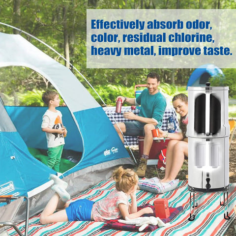 Camping scene with family near a blue tent using a Fluoride Water Filter Replacement For Gravity Filtration Systems PF2 Style