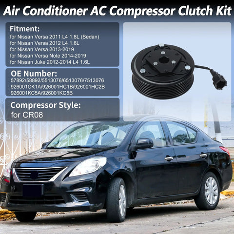 Air Conditioning AC Compressor Clutch Kit for Nissan Versa Versa Note Juke 2011 To 2019 Heavy Duty Replacement with pulley.