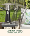 Portable Tabletop Propane Patio Heater With 11,000 BTU Power Adjustable Heat Safety Tilt Switch Burner Screen Guard Heats Up To 30 Sq Ft Black Outdoor Heater For Chill Nights on a patio table