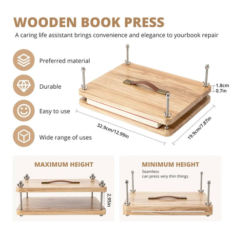 Wooden Book Press for Binding and Craft Projects with comfort grip handle, non-slip foot pads, dimensions 14.7 x 11.4 inches.
