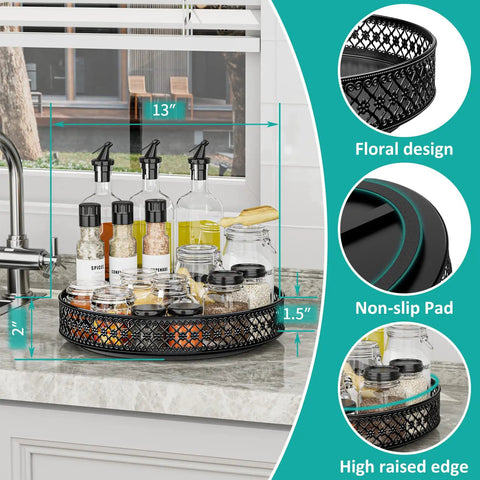 13 Inch Lazy Susan Turntable Heavy Duty Metal Spice Rack Organizer Built Tough As A Rock With A Smooth 360 Swivel Base Rust Resistant Finish For Kitchen Storage with glass jars and spices on a countertop.