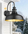Dusk To Dawn Sensor Farmhouse Barn Light, No Fuss Auto On Off Outdoor Wall Lantern, Black And Gold, Snowy Weather