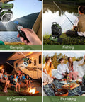 Four scenes showing Camping Fan With LED Lantern And 30000mAh Battery used for camping, fishing, RV camping, and picnicking