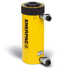 Beefy 100 Ton Capacity Double Acting Hollow Plunger Hydraulic Cylinder With Dual Ports, 1.50 Inch Stroke, side view yellow body