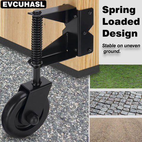 Heavy Duty Spring Loaded Gate Wheels Pair 360 Degree Swivel Caster For Wooden Fences mounted on uneven ground with spring design.