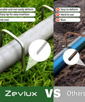 Comparison of Zevlux and other 4-inch galvanized landscape staples securing irrigation hoses in garden and yard.